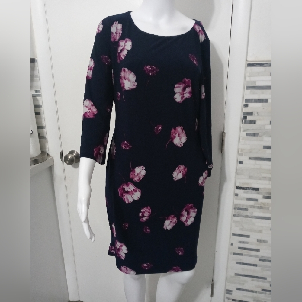 Lauren Ralph Lauren Navy Blue long sleeve Lined Shift Dress W Floral pattern 4